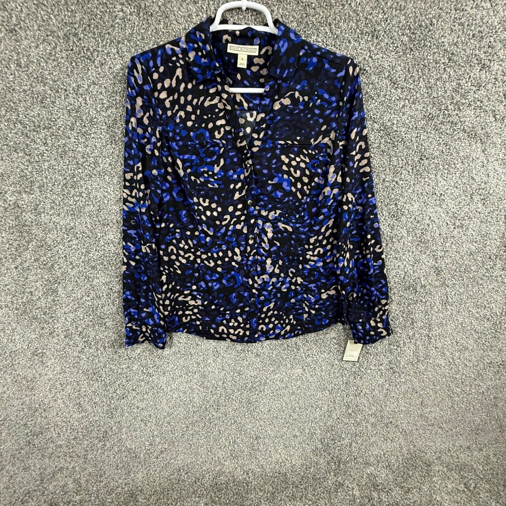 Dana Buchman Women Blue Animal Print Utility Blouse Button Front Shirt Small NWT